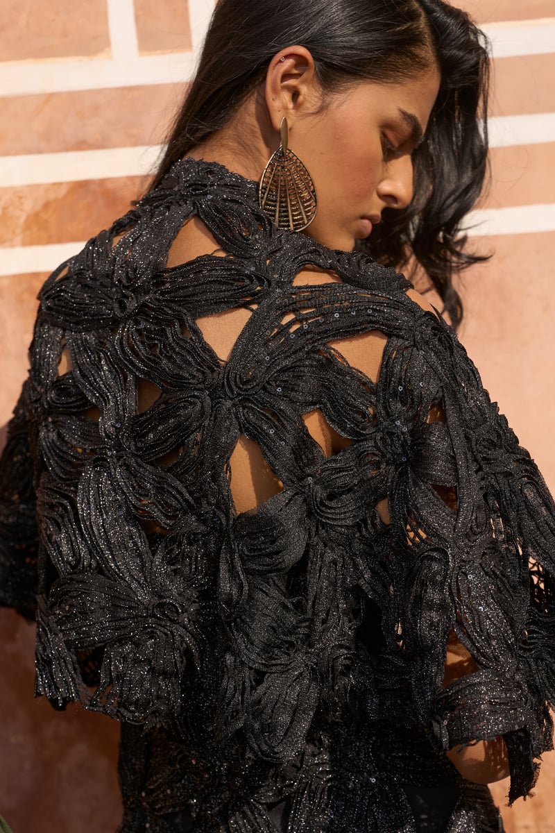 Black Metallic Lace Cape with Sequin Detail