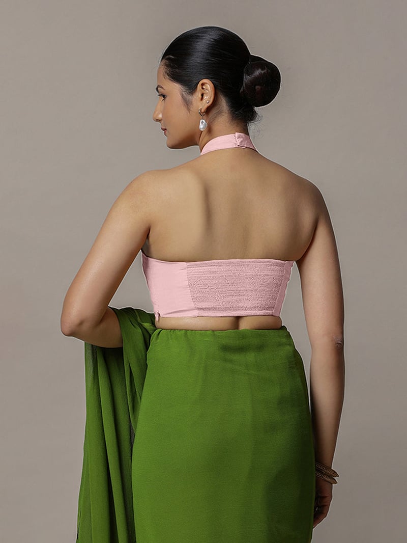 Baby Pink Halter Neck Sleeveless Saree Blouse