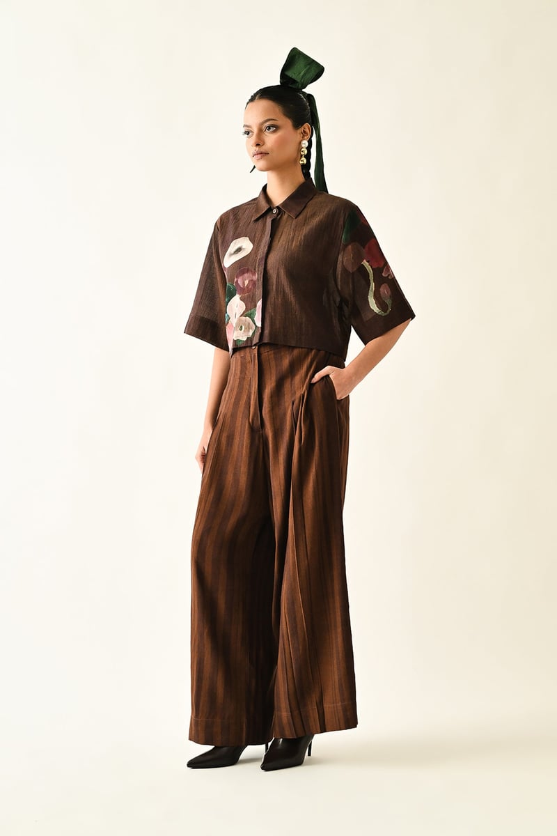 Brown Wide-Leg Pleated Abstract Print Trousers