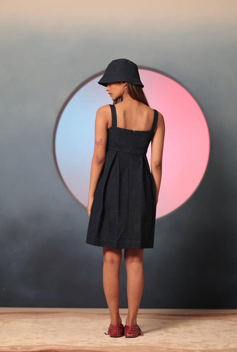 Blue Denim Square Neck Mini Dress with Heart Motif