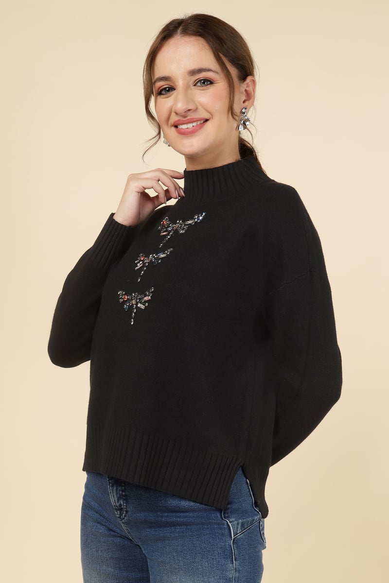 Black High Neck Crystal Embellished Pullover Sweater