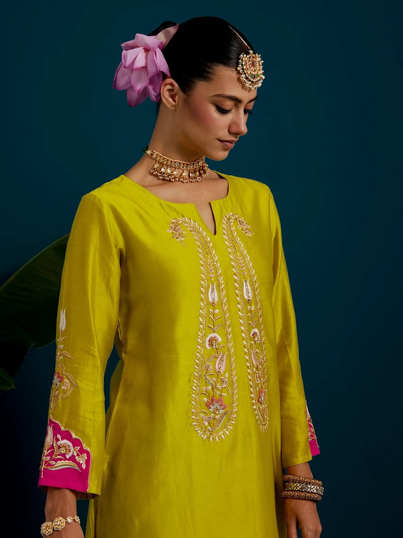 Lime Green Embroidered Yoke Kurta Set with Pants