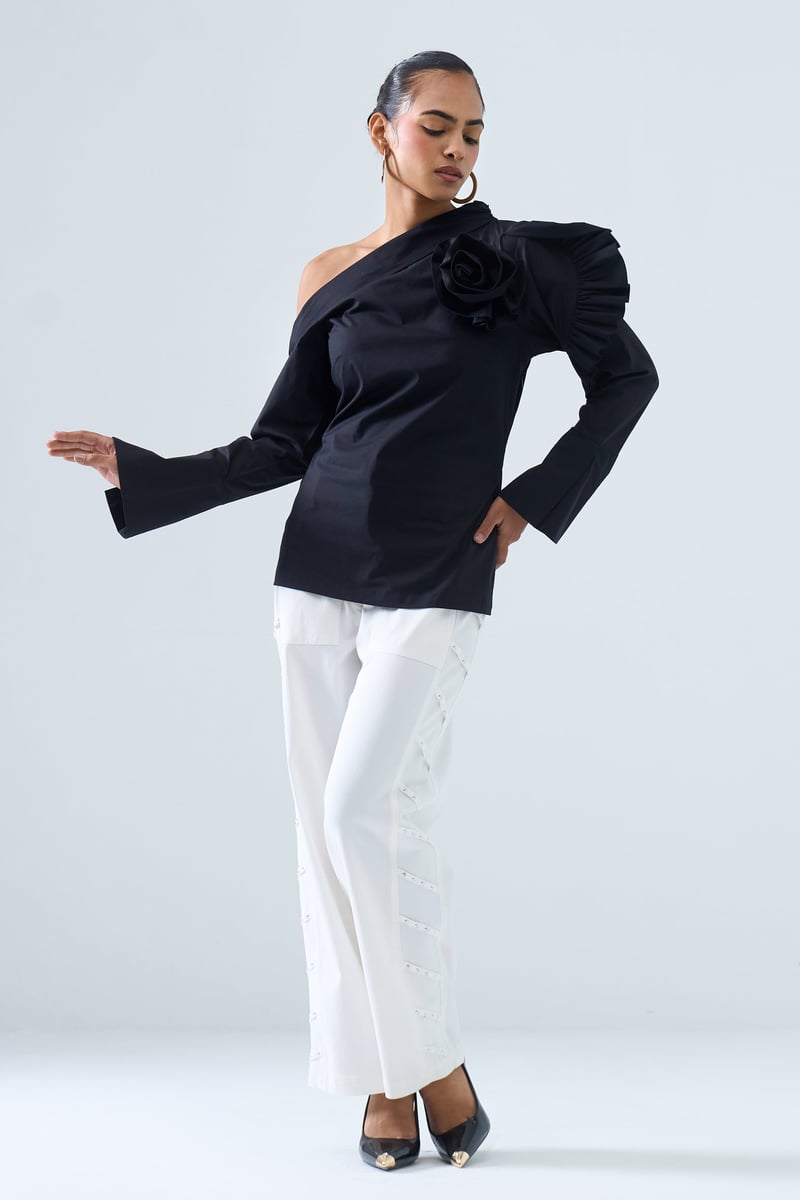Black One-Shoulder Top with Sculpted Floral Detail