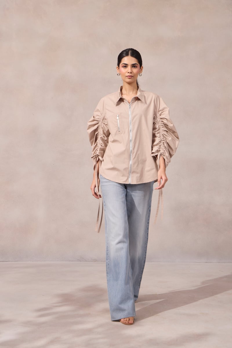 Lavender Zip-Front Shirt with Ruched Sleeves