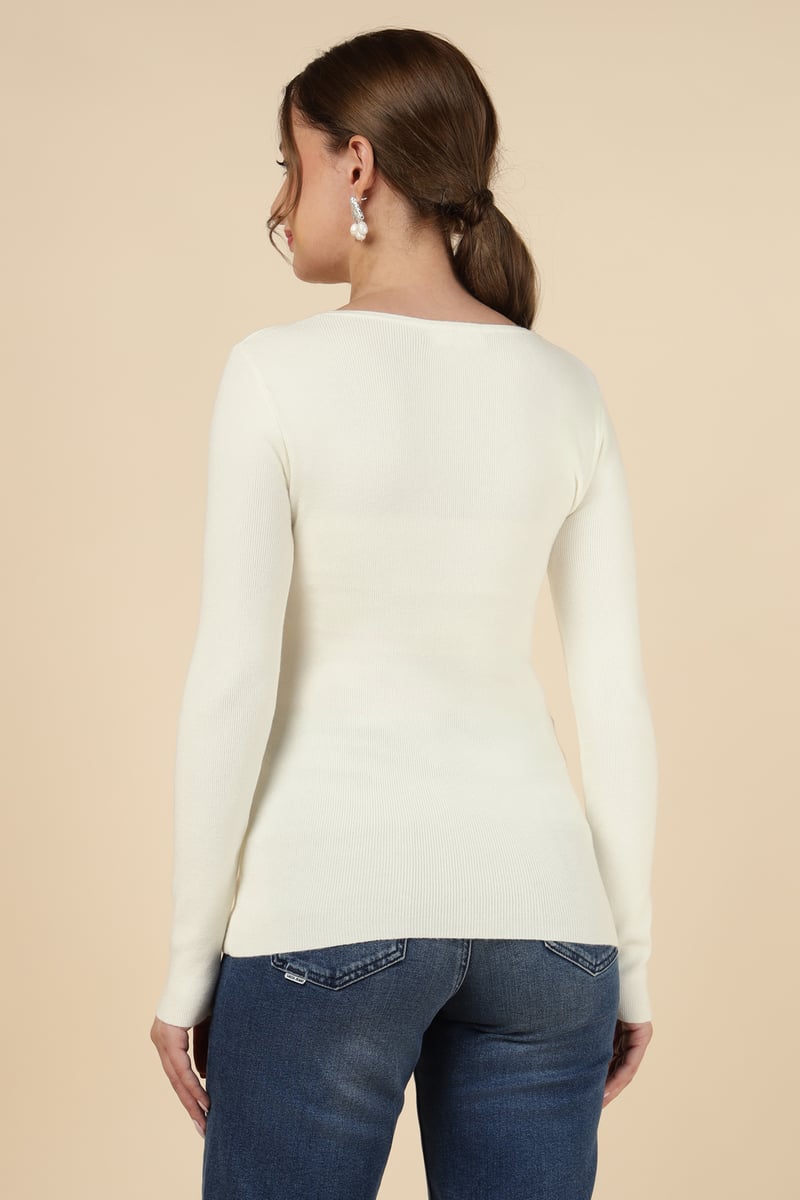 White Rib-Knit Round Neck Pullover Sweater