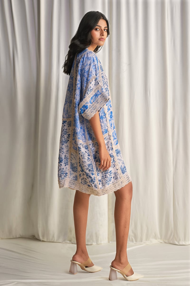 Blue and White Porcelain Print Patchwork Mini Dress