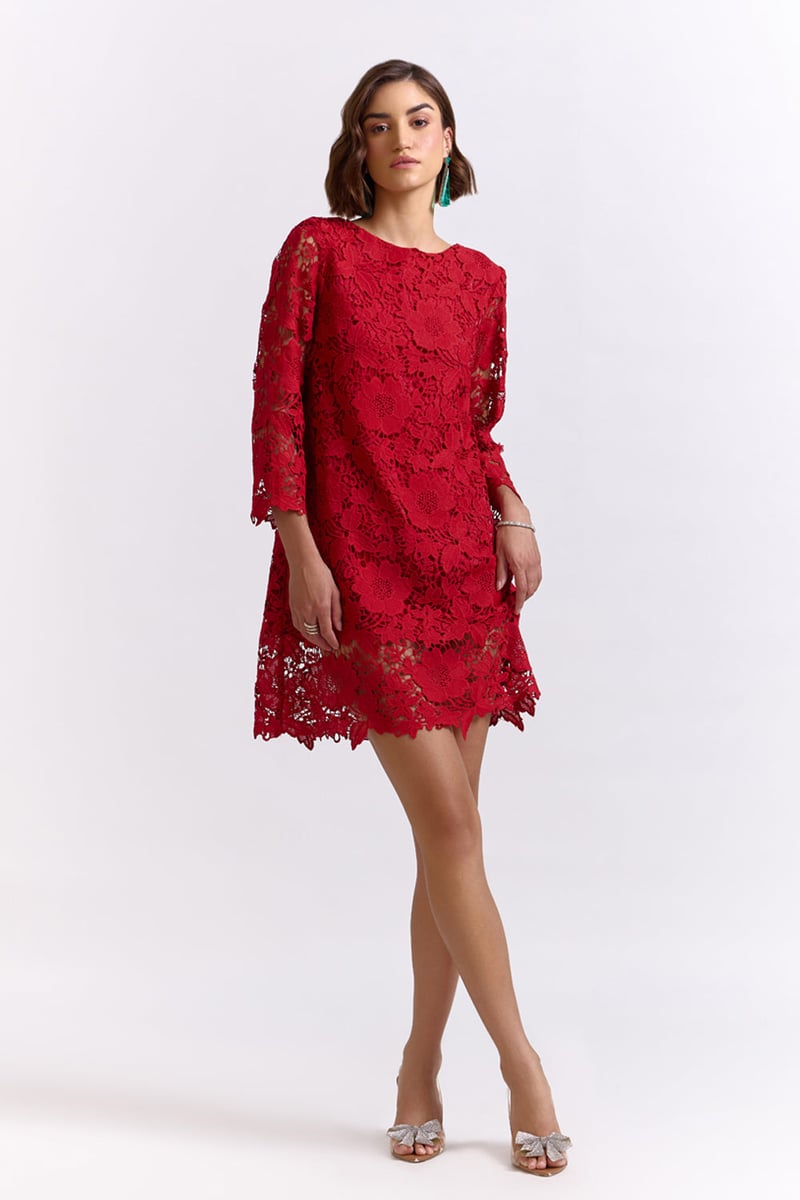 Red Lace Boat Neck Mini Dress