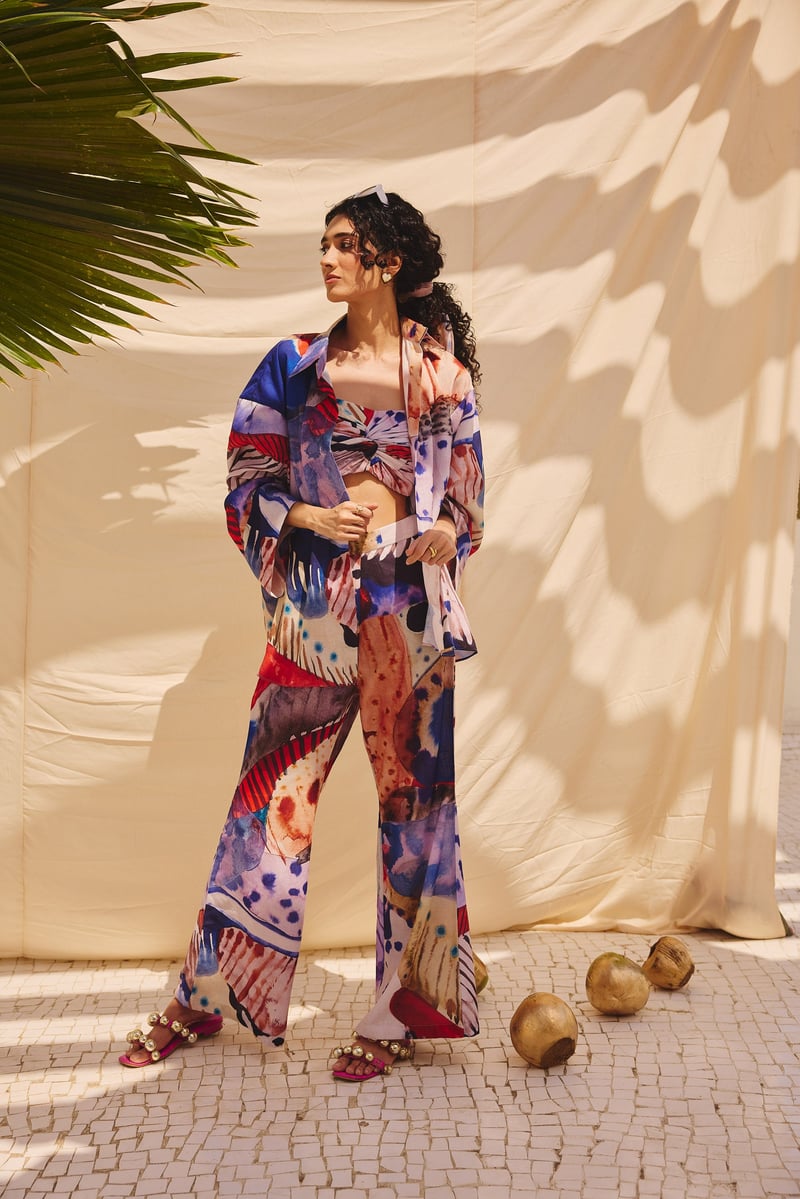 Multicolour Abstract Printed Wide-Leg Cotton Linen Trousers — Payal Zinal