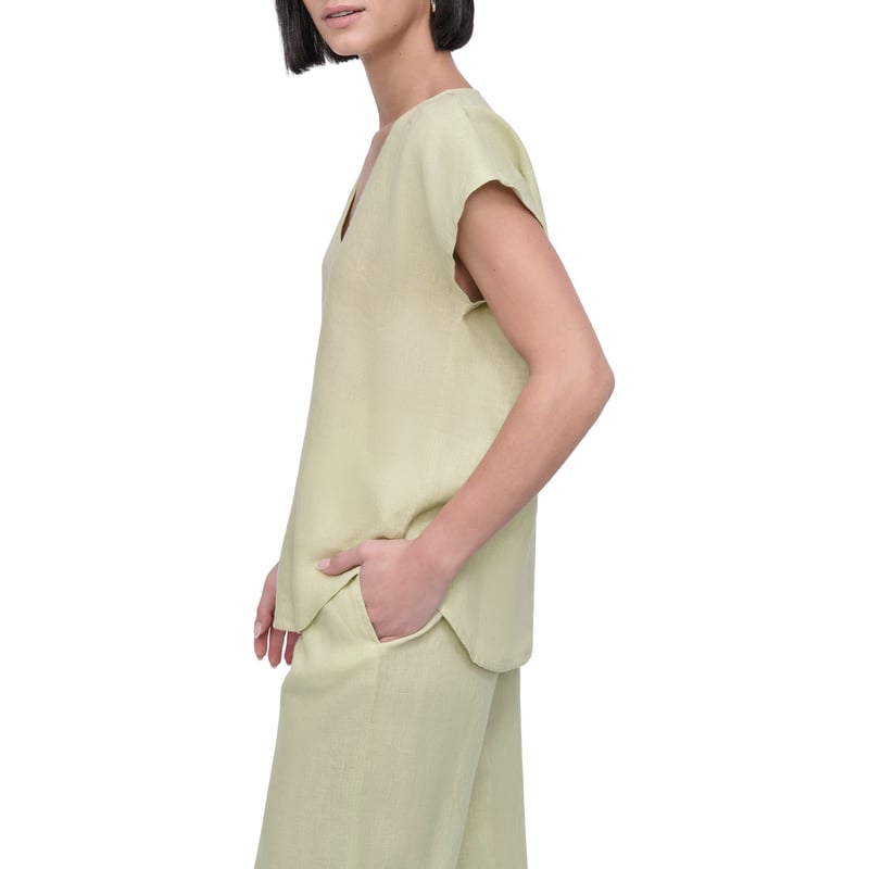 Tea Green Linen V-Neck Half Sleeve Pullover Top