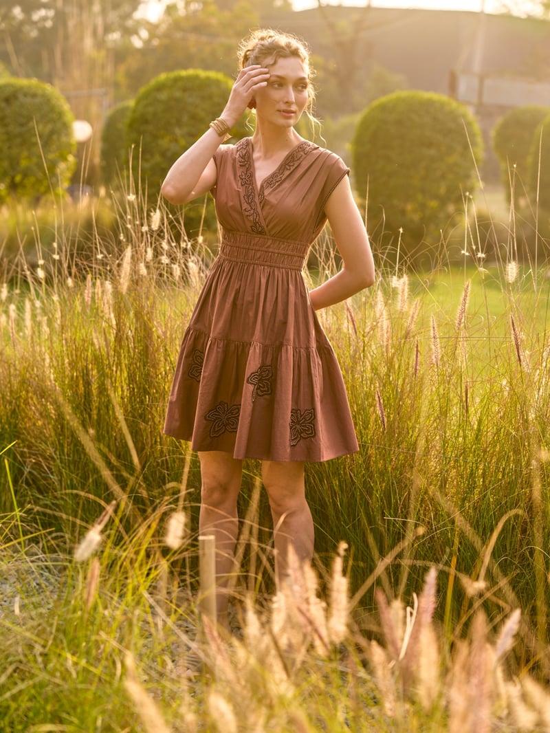 Brown Cotton Embroidered Fit and Flare Mini Dress