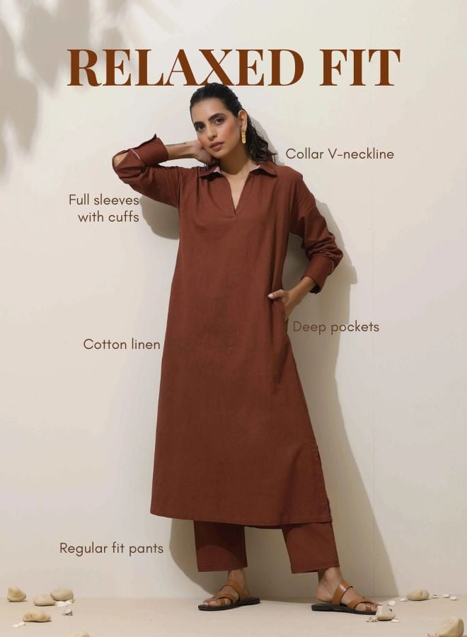 Brown Cotton Linen Straight Kurta Pant Set