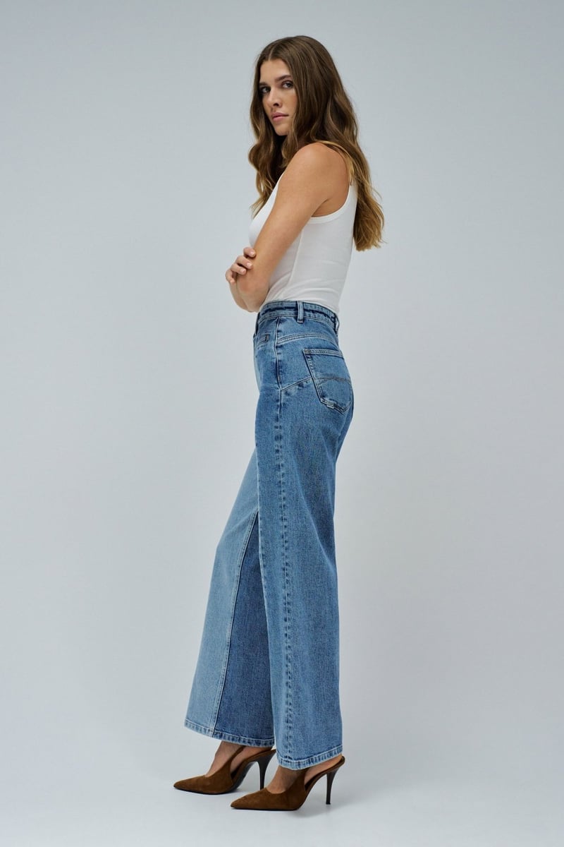 Blue High-Waist Two-Tone Wide-Leg Jeans
