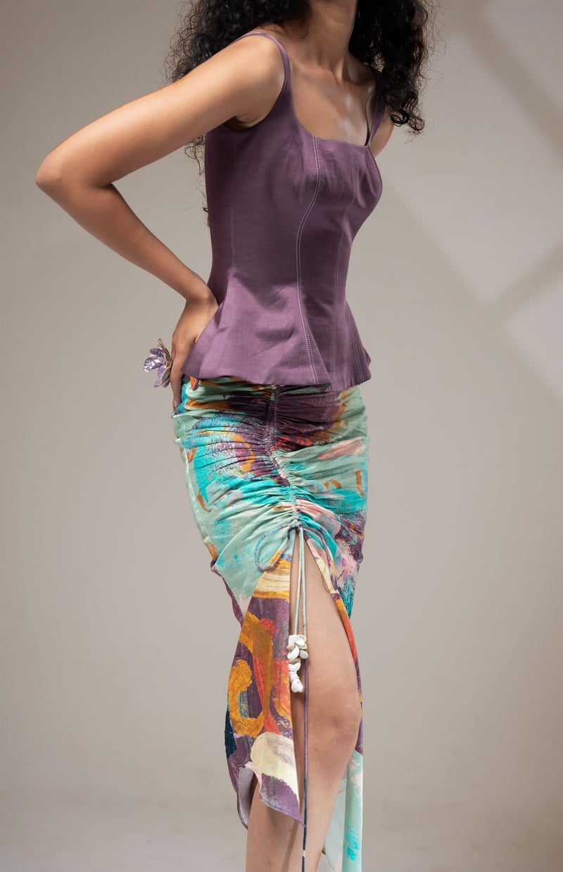 Multicolour Peplum Top and Ruched Midi Skirt Co-ord Set