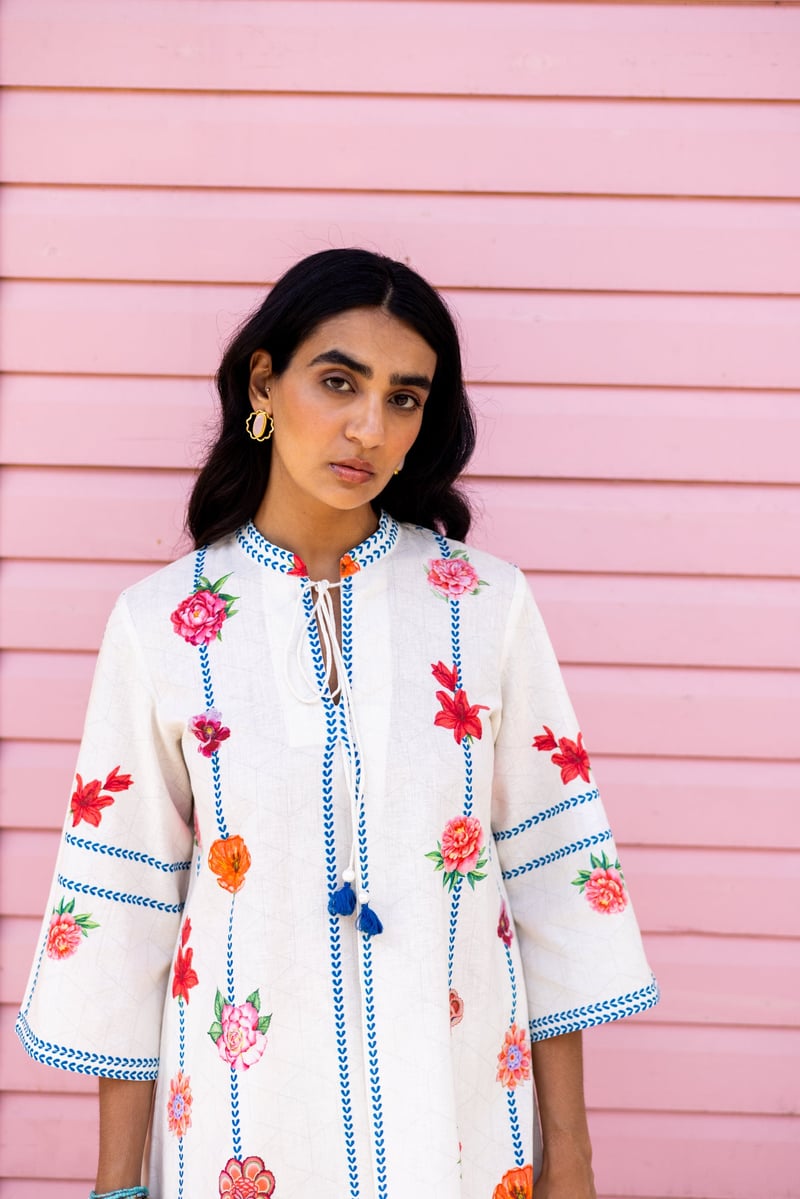 Cream Floral Printed Linen-Cotton Co-ord Set