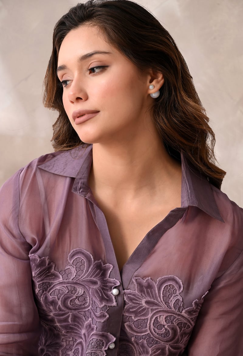 Mauve Sheer Button-Down Shirt with Tonal Floral Appliqué