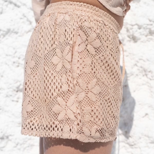 Beige Cotton Lace Drawstring Shorts