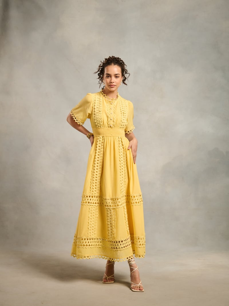 Yellow Lace Cutwork Fit and Flare Maxi Dress