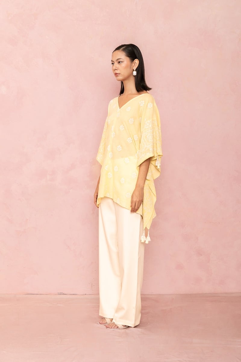 Lemon Yellow Linen Embroidered V-Neck Kaftan Top