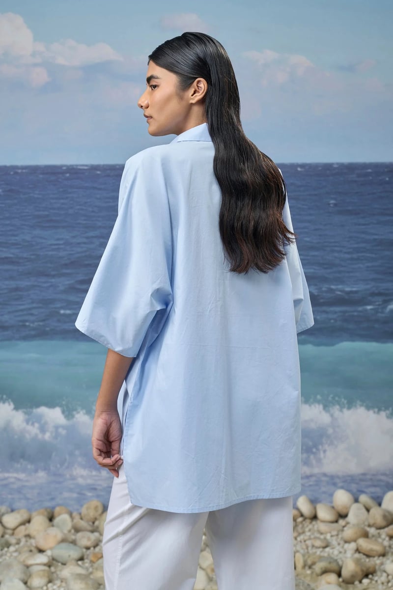Oversized Polo-Collar Shirt - Light Blue