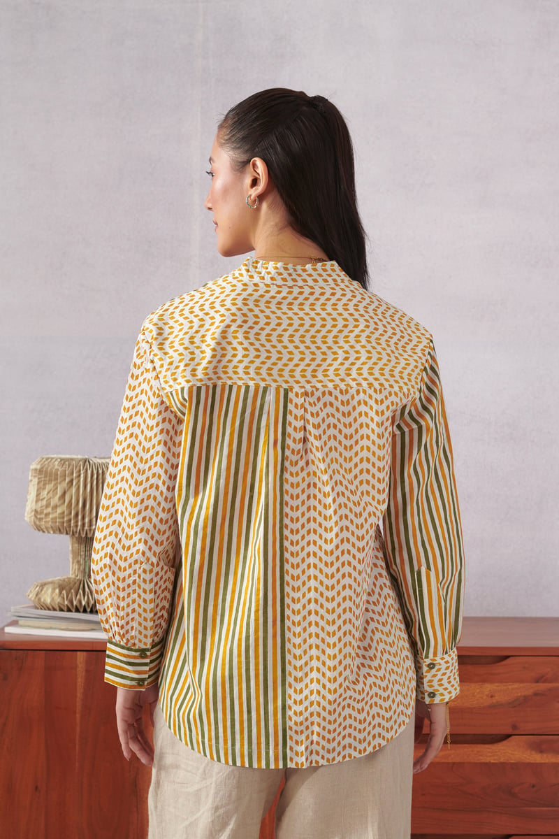 Multicolor Cotton Striped and Geometric Mandarin Collar Shirt