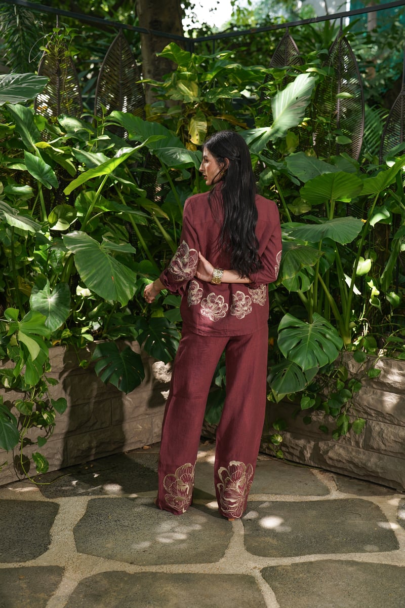 Rosewood High-Rise Wide-Leg Embroidered Trousers