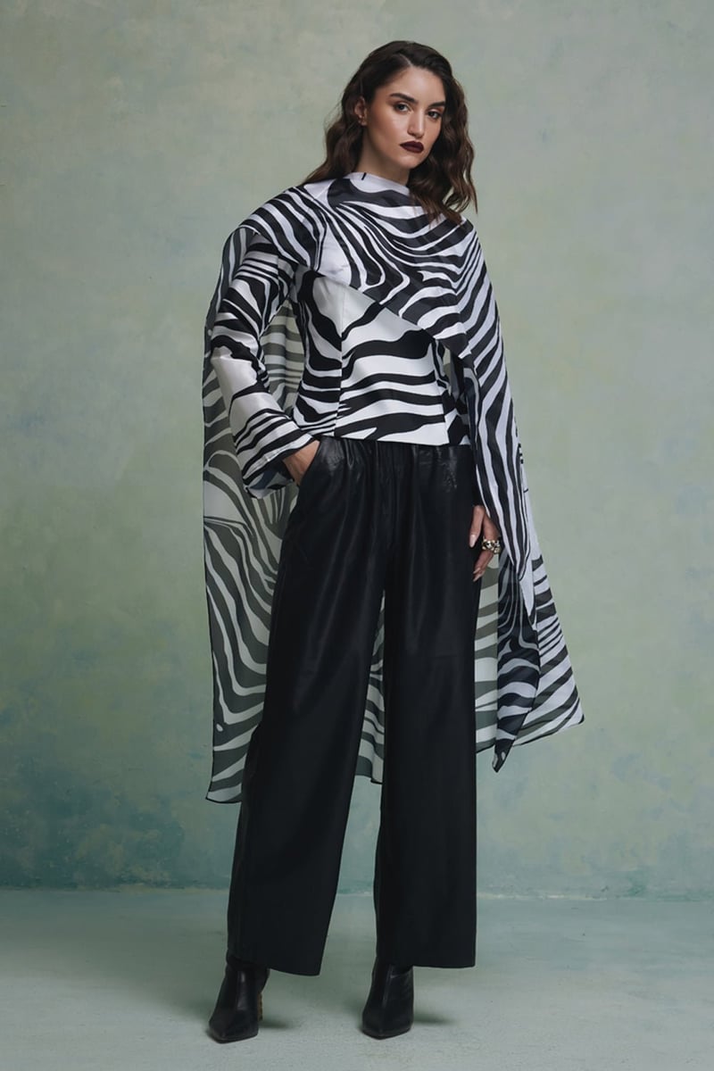 Black/White Zebra Print Top with Draped Cape