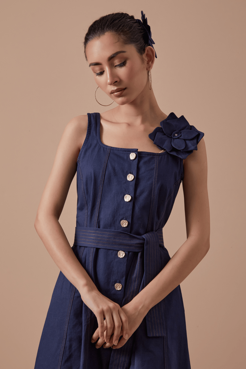 Navy Button-Front Belted Midi Dress with Flower Detail