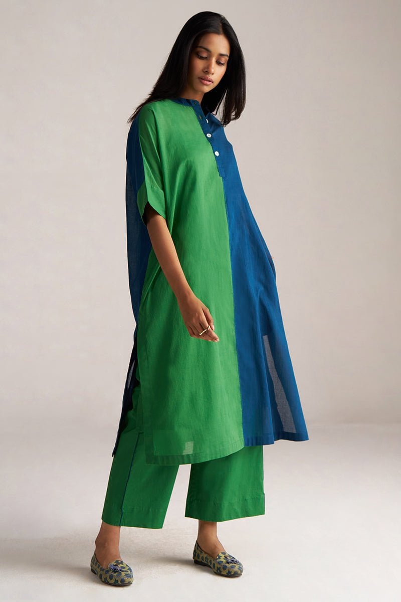 Blue and Green Colorblocked Kurta Co-ord Set with Slip