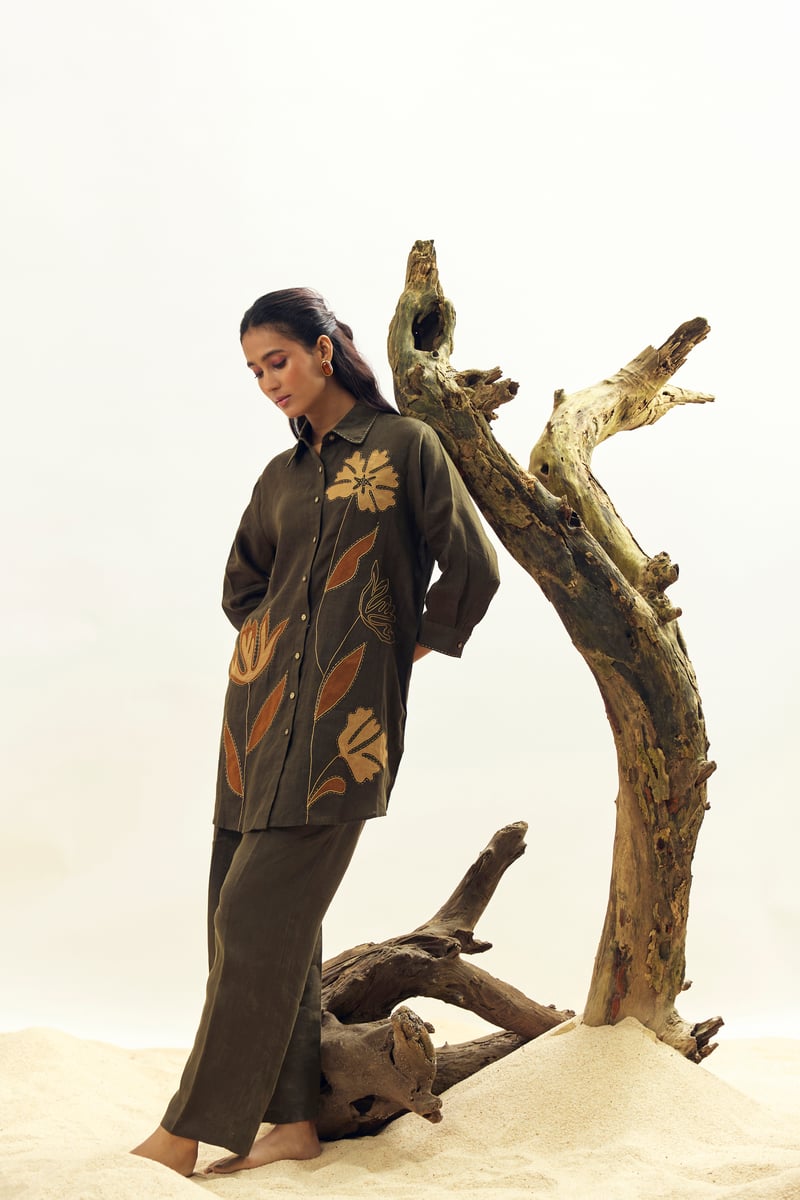 Olive Linen Longline Shirt with Botanical Applique