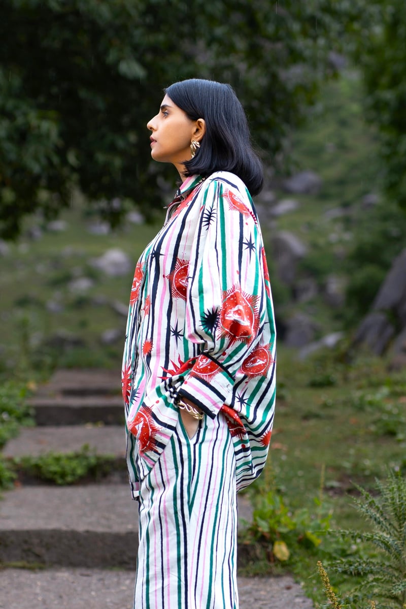 White and Green Striped Celestial Print Button-Down Shirt