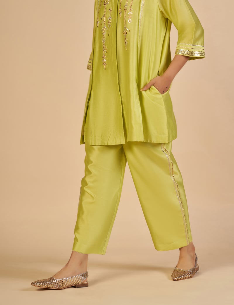 Lime Green Wide-Leg Chanderi Trousers