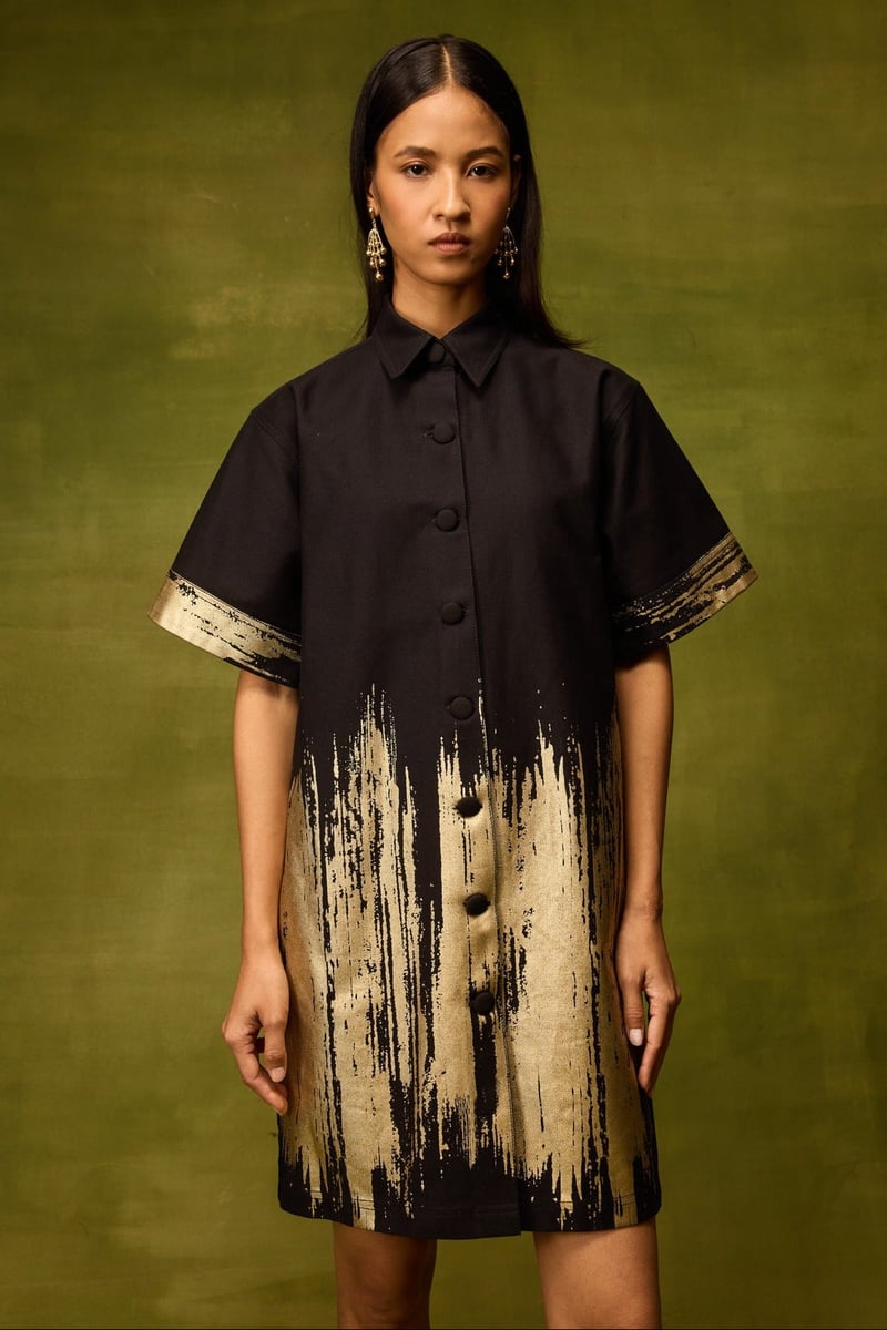 Black Denim Mini Shirt Dress with Gold Foil Detail