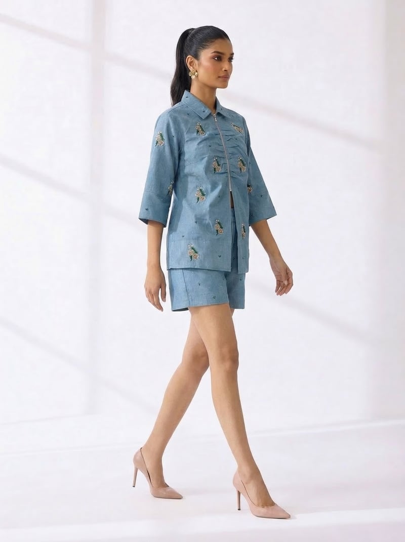 Light Blue Denim Shirt and Shorts Co-ord Set