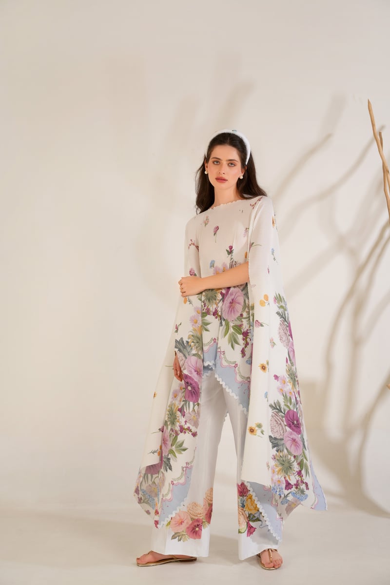 White Floral Pleated Cape and Trouser Co-ord Set