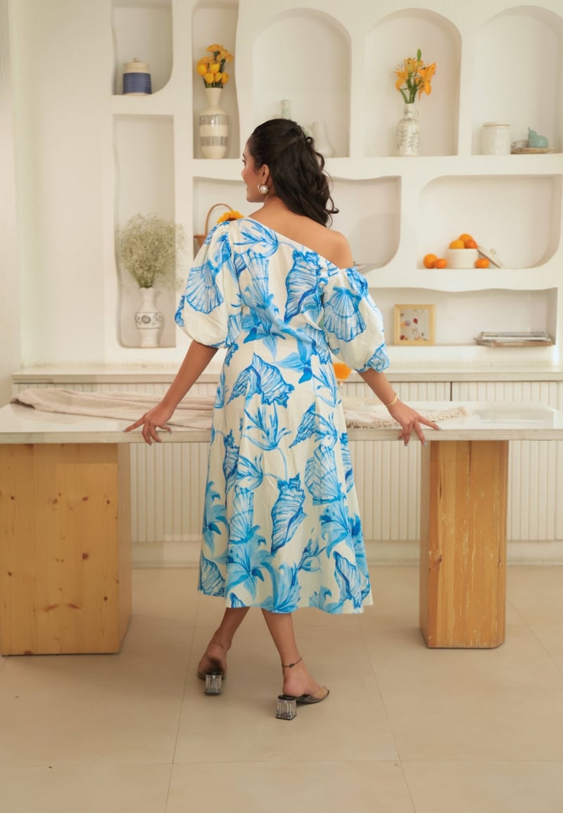 Off-White Blue Floral One-Shoulder Puff Sleeve Midi Dress