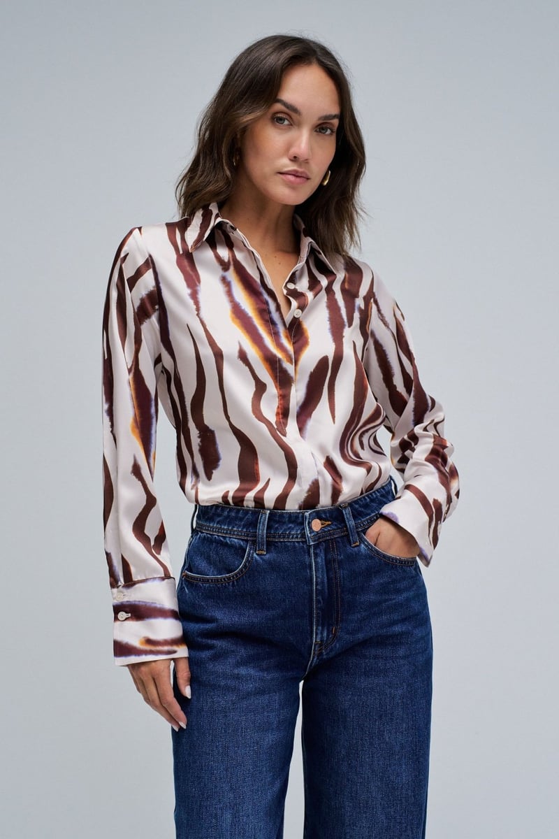Brown Animal Print Satin-Finish Button-Down Shirt