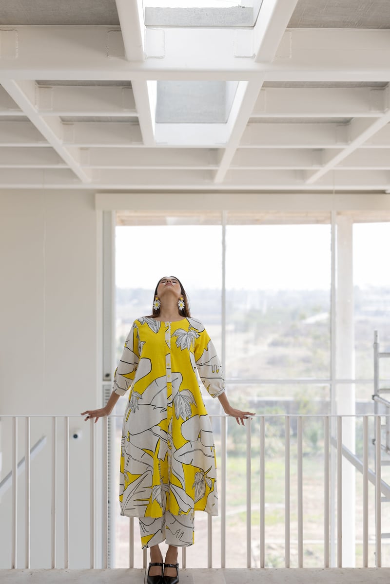 Yellow Banana Leaf Print Button-Down A-Line Kurta Set