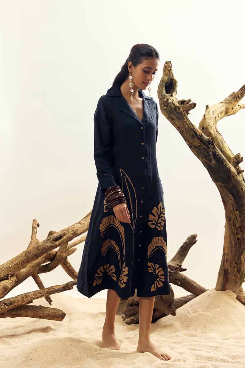 Navy Blue Linen Midi Shirt Dress with Abstract Hem Print