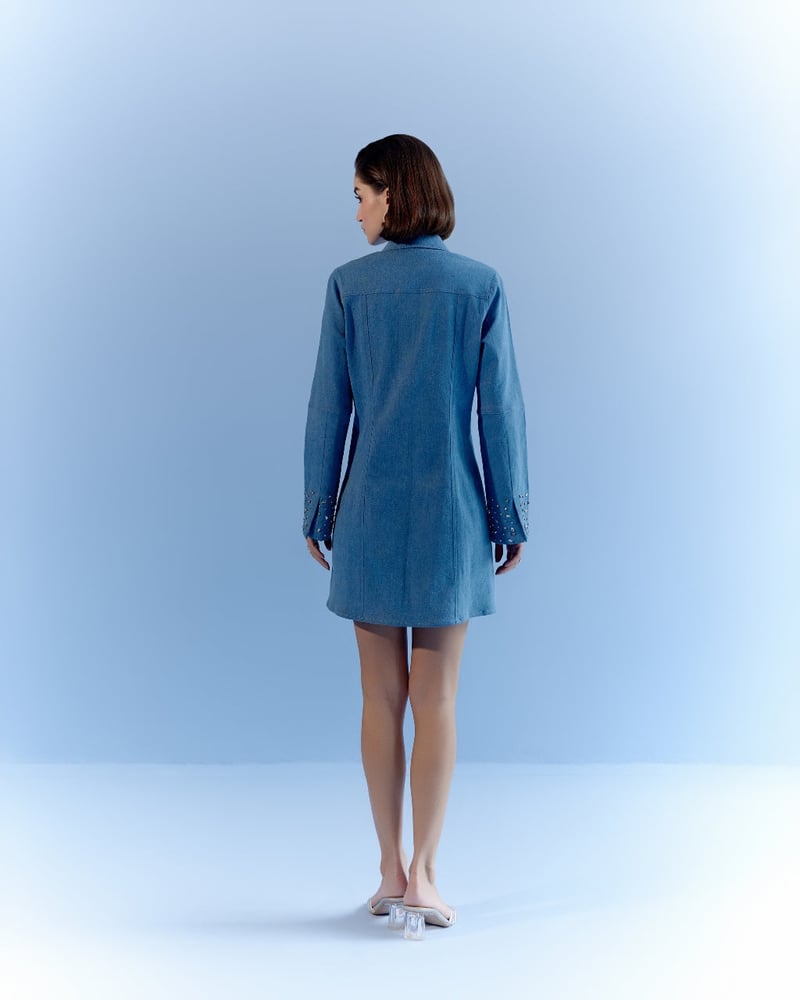 Blue Denim Mini Shirt Dress with Crystal Fringe Yoke