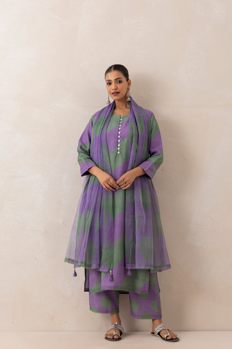 Purple and Green Printed Straight Kurta Set with Dupatta