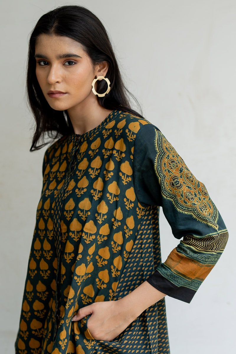 Forest Green A-Line Cotton Block Print Kurta — Vraj Bhoomi