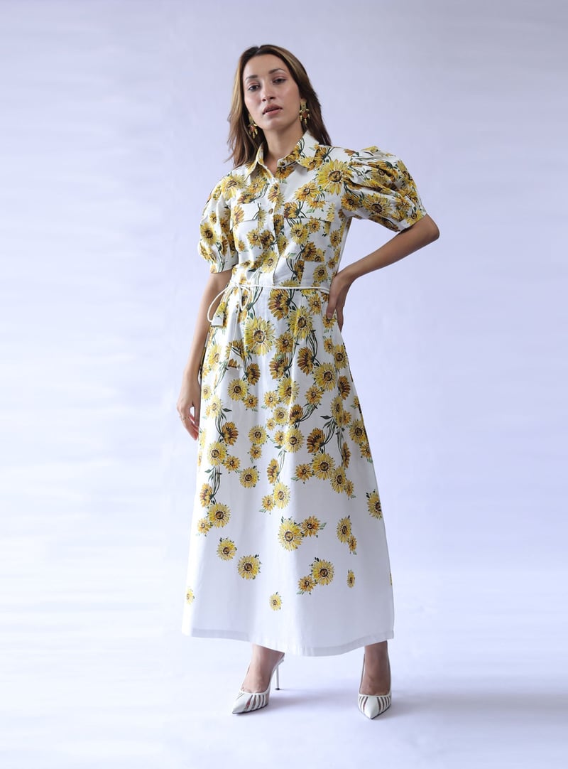 White Sunflower Print Poplin Shirt Dress with Tie Belt