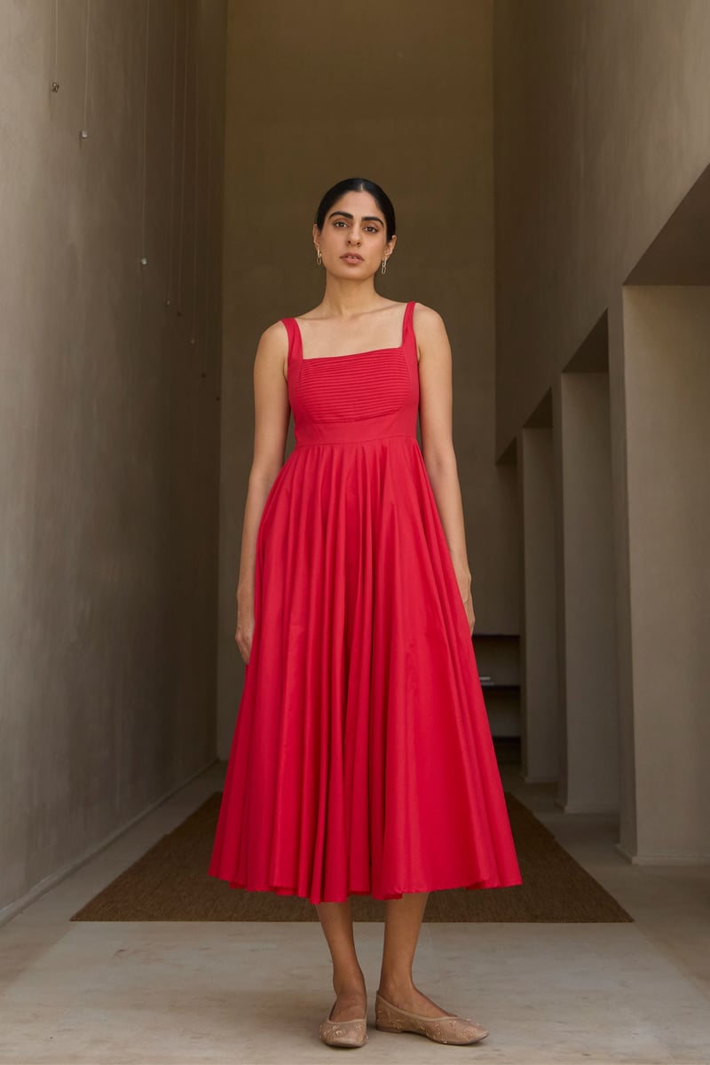 Red Cotton Cambric Fit and Flare Square Neck Midi Dress