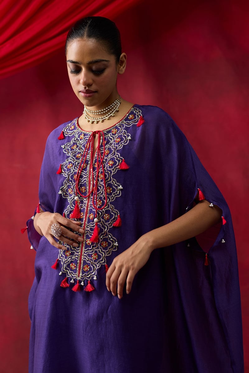 Purple Silk Chanderi Embroidered Kaftan Set with Slip