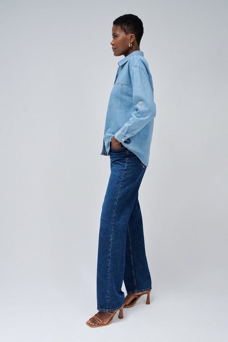 Light Blue Denim Button-Down Shirt with Patch Pockets