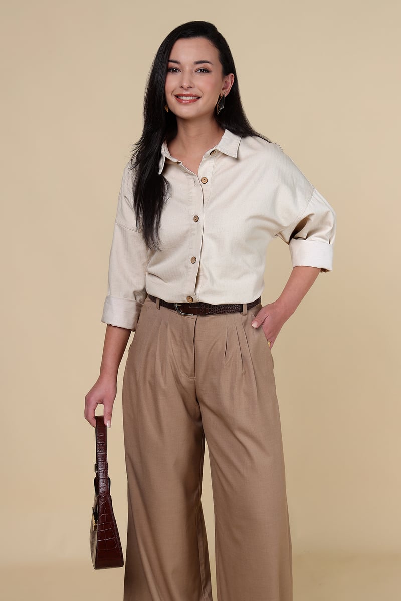 Beige Relaxed-Fit Button-Down Shirt with Back Motif
