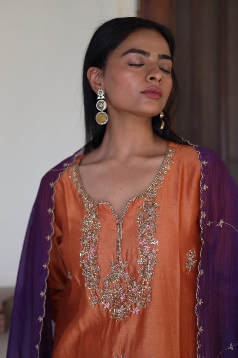 Rust Orange Zardozi Yoke Chanderi Silk Kurta Set