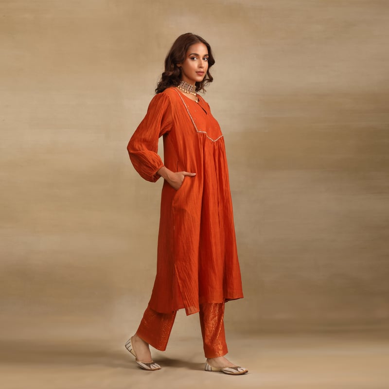 Burnt Orange Hand Embroidered Silk Chanderi Kurta Set