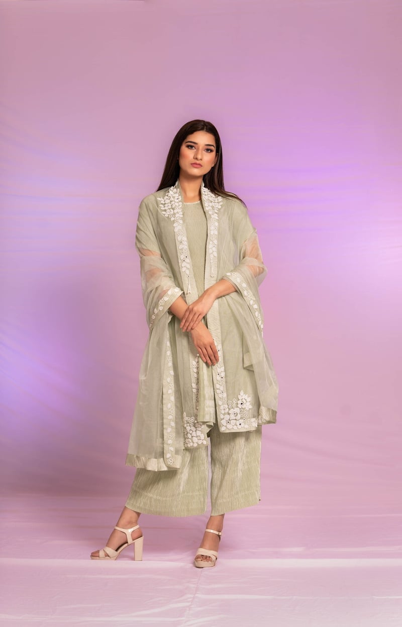 Green Pleated Satin Kurta Set with Pearl-Work Dupatta