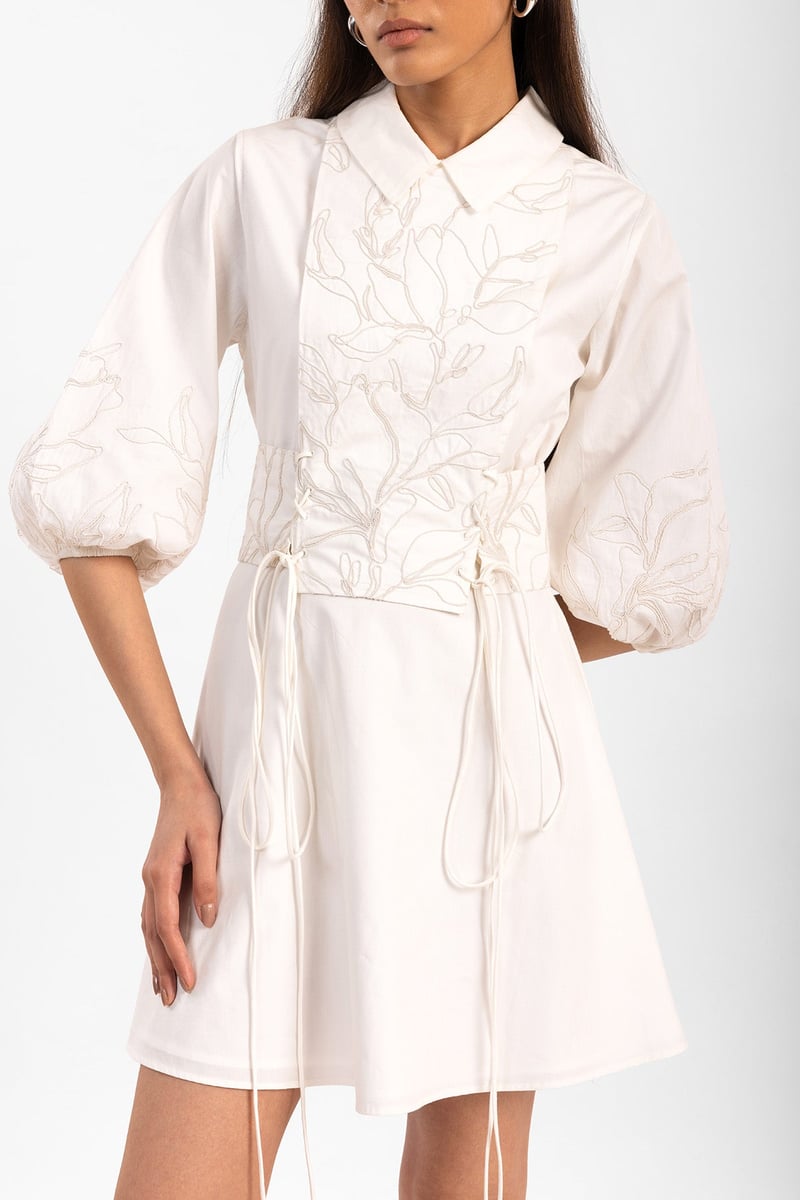 White Embroidered Shirt Collar Fit and Flare Mini Dress